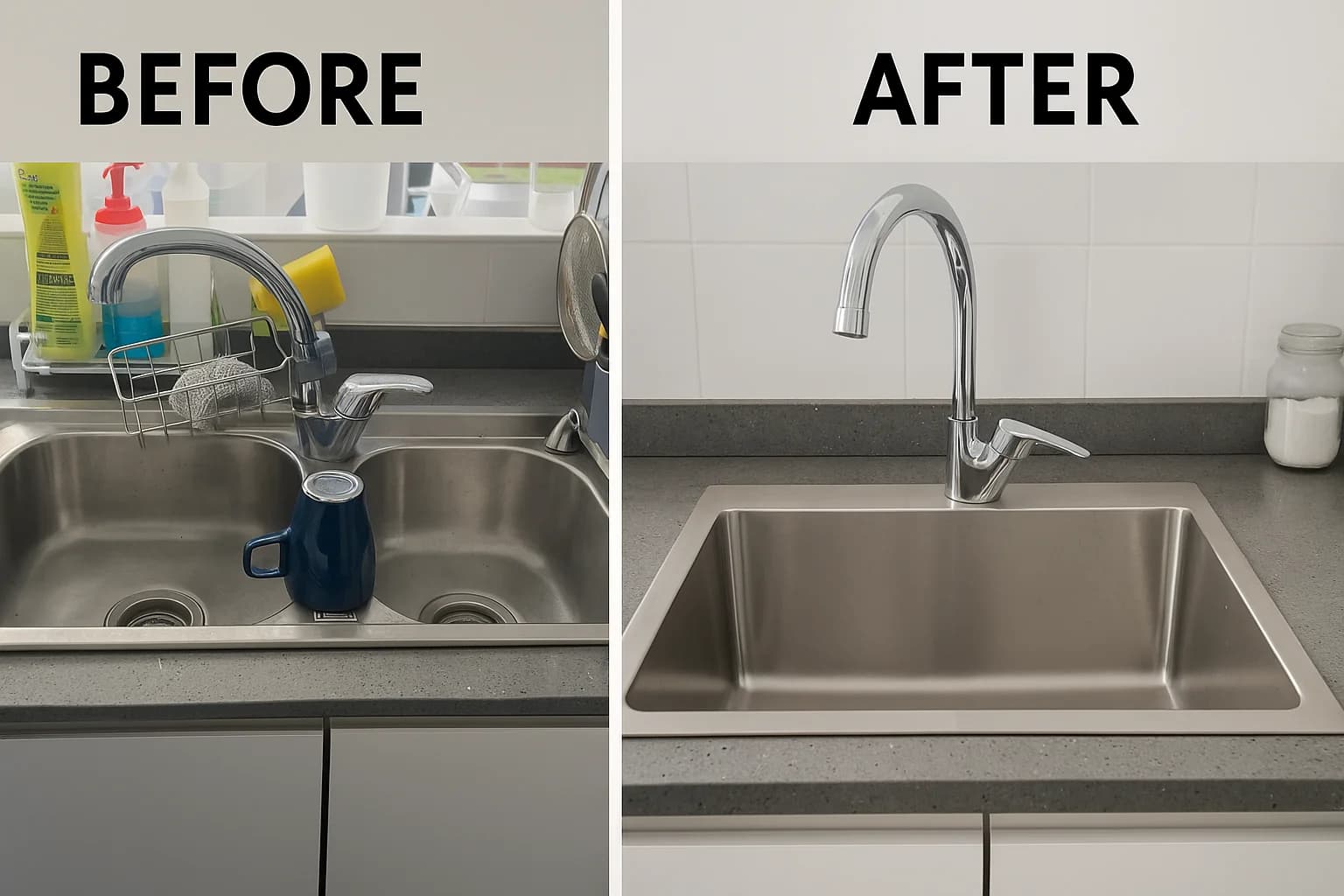 Kitchen sink replaced, before and after