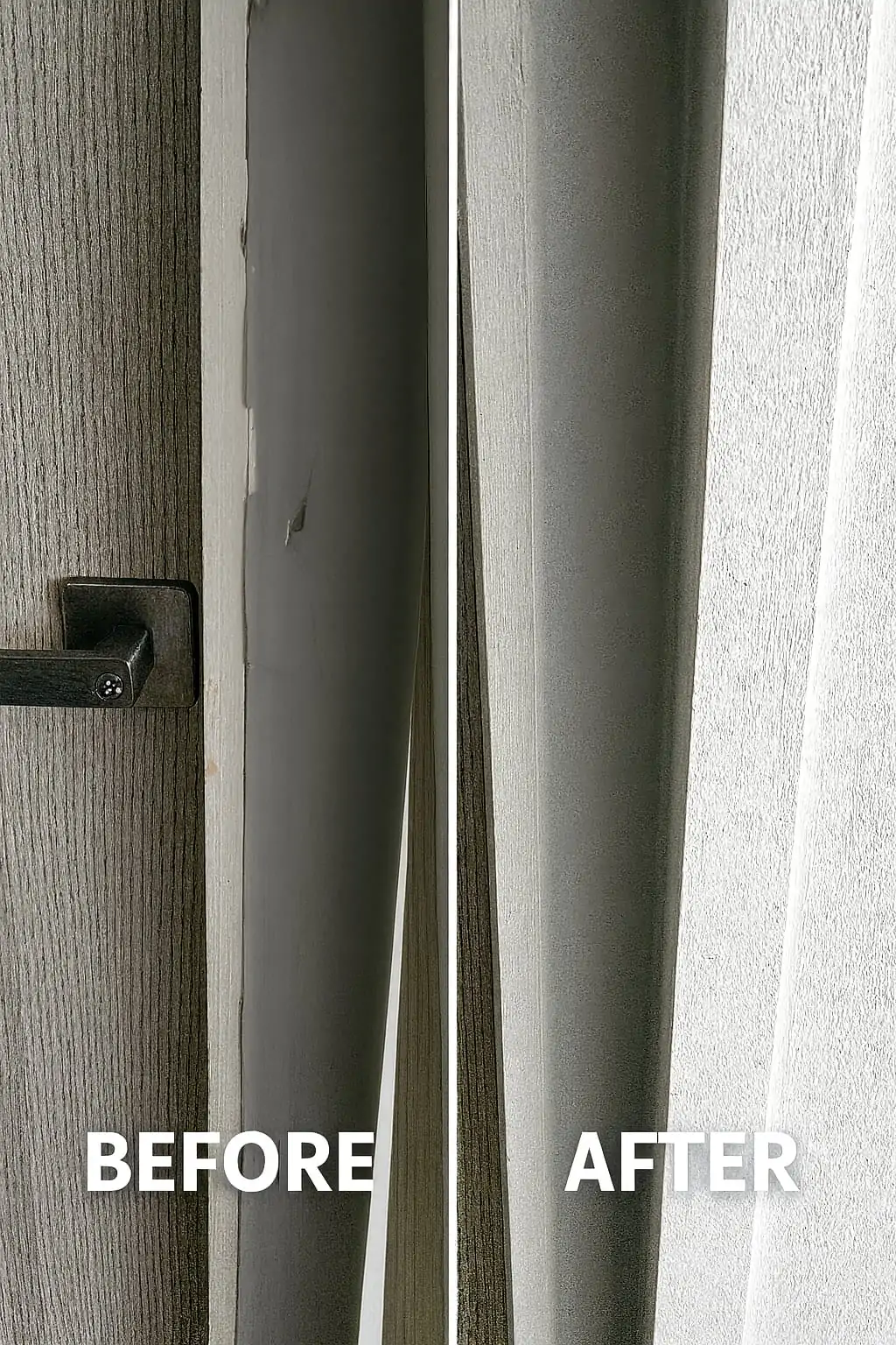 Cracked door frame fixed, before and after