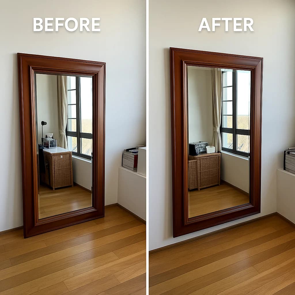 Mirror mounted level, before and after